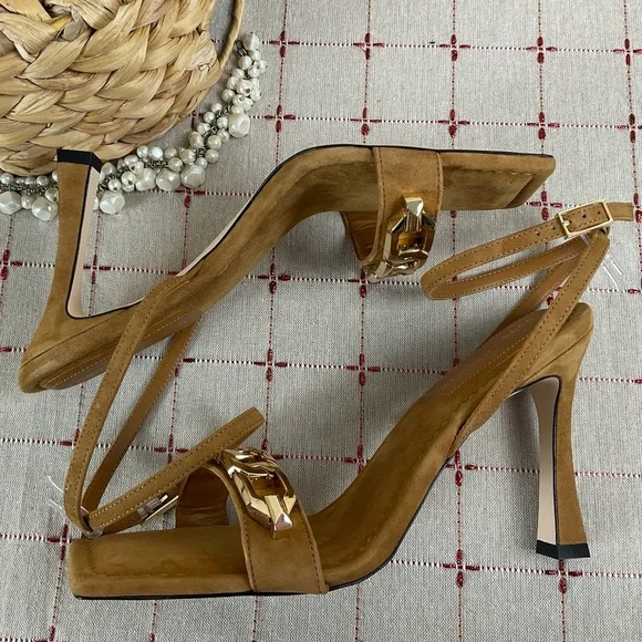 Good American Suede Single Strap Chain Heeled Sandals Amber Brown Sz 	11 New - Picture 10 of 12
